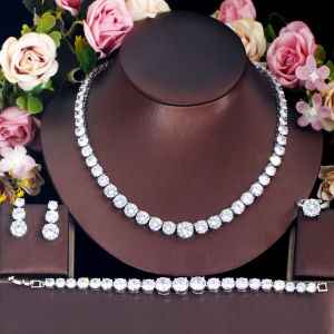 SEQUITO Luxury White Gold Plated Women 4Pcs Jewelry Accessories Paved Setting Round Bling AAAAA Cubic Zirconia Noble Bridal Wedding Earrings Necklace Bracelet Ring Set SJ283
