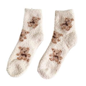 Phụ nữ vải nhung san hô mùa đông mờ tất kiểu dép lê gấu hoạt hình dễ thương hoa văn động vật dày Fluffy ấm chân ngủ