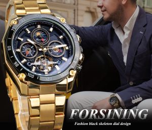 Forsining fashion classic black mens mechanical watch tourbillon hollow automatic winding date moon phase steel belt automatic luxury brand watch. Mens gift