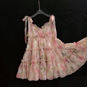 Girls Dress Summer 2024 New Little Girl Fragmented Flower Hanging Fashionable Childrens Lace Princess