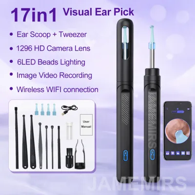 JameMirs 17in1 Visual Ear Pick Ear Scoop & Tweezer 1296P HD Ear Wax Remover Camera Smart Ear Cleaner for Kids/Adults