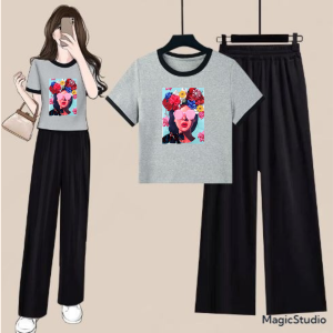 Setelan Anak Remaja  Baju Crop Ringer Dan Celana Panjang Women Flowers