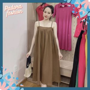 Váy 2 dây maxi dáng dài đầm suông babydoll đũi gân có dây điều chỉnh form rộng mặc hè đi biển Padora-V84