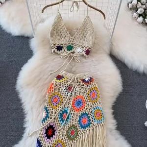 UUChic and Fashionable Women's Bohemian Style Knitted Hollow-out Hook Flower Hanging Neck V-neck Bra Top+Irregular Skirt Two-piece Suit Summer New Style