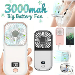 Portable Multi-Function Handheld Neck Fan Foldable Hanging Ultra Quiet USB Rechargeable Cooling Fan with Phone Holder Power Bank Digital Display Function for Home Office Outdoor