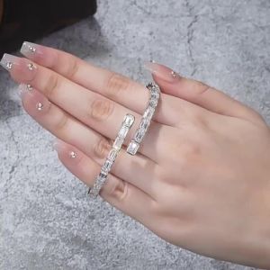 QIBAOKU 4*6mm Emerald Moissanite Open Bangle Pure S925 Silver Certified Diamond Cuff Bracelets Gift for Women Fine Jewelry 2026