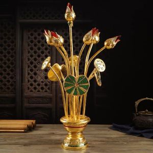 ดอกบัวเดินเส้น พานดอกบัว ปิดทอง ไม้แกะสลัก ของตกแต่งโต๊ะหมู่ ประดับโต๊ะ ห้องพระ ส่งฟรี