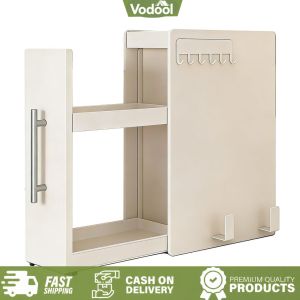 [VSC] Kitchen Narrow Side Countertop Storage Rack with Handle & Hooks Countertop Sliding Drawers Storage Unit for Bathroom Under Sink and Coffee Bar
