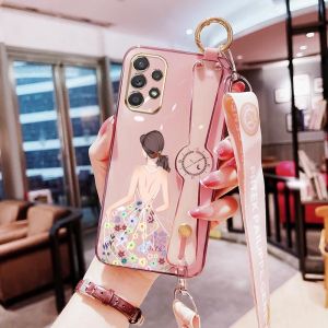 VRQR Luxury Electroplating Silicone Phone Case for Samsung Galaxy A35 A55 A13 4G 5G A23 A24 A25 A33 A53 A73 A74 5G A04S A14 Dress Girl Wrist Strap Bracket Silicon Soft Cover with Long Lanyard
