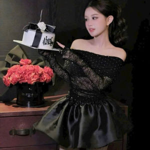 CR_ Set lưới kim sa tay dài outfit dạ hội quyến rũ set đồ thời trang nữ tính áo Lưới ren đá kim sa bling tay dài trễ vai kèm chân váy ngắn Tapta