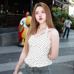 Aurora🛒พร้อมส่ง🚚 (รูปถ่ายจากงานจริง) เสื้อคล้องคอ เสริมฟองน้ำในตัว ดีเทลลายจุดสีขาวดำ