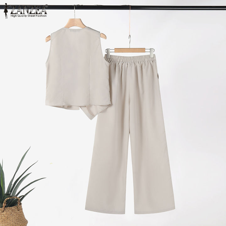 ZANZEA%20Korean%20Style%20Womens%20Work%20Elegant%20Sets%20V%20Neck%20Irregular%20Buttons%20Waistcoats%20Wide%20Leg%20Trousers%20Solid%20Suits%20#0918%20-%20Image%207