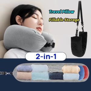 Fillable Travel U-Neck Pillow Extra Storage Pocket Adjustable Soft for Comfortable Flights