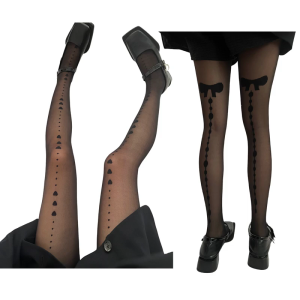 Women Vintage Black Silk Sheer Tights Stockings Aesthetic Heart Bows Dots Pattern See Through Pantyhose Leggings Hosiery