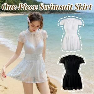 Women One-Piece Swimsuit Skirt Conservative Lace Ventilate Slimming Bathing Suit Beach Wear