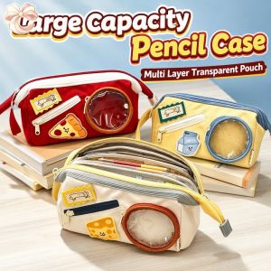 Cute Large Capacity Pencil Case 5 Layer Canvas PVC DIY Velcro Portable School Stationery Pouch