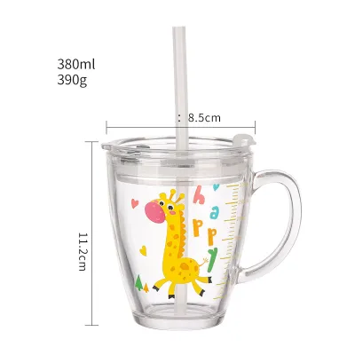 Singapore Thick Glass Kids Milk Juice Cup Plastic Cover with Straw Cartoon Print