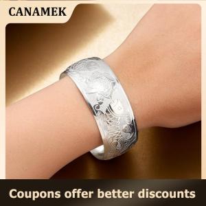 【 CANAMEK 】 Bohemian Ethnic Style Retro Silver Wide Bracelet For Women Carved Flower Opening Fashionable Bracelet Boho Vintage Jewelry