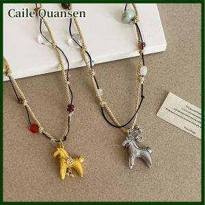 Caile Minar สร้อยคอจี้หินธรรมชาติสีสันสดใสรูปตัวการ์ตูนรูปม้าสร้อยคอห่วงโซ่โลหะสองชั้น