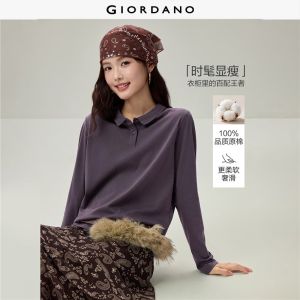 Giordano Beau Monde Women 100% cotton thin collar long sleeve polo shirt Free Shipping 13316607