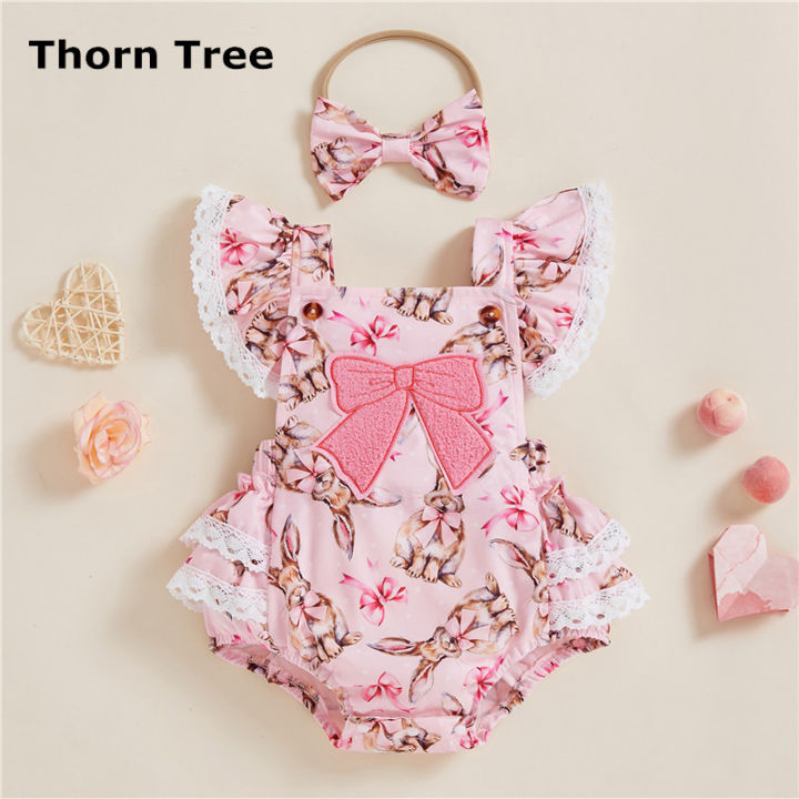 Thorn Tree 2Pcs Baby Girls Easter Outfits Bow Embroidery Bunny
