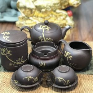 Bộ Trà Đạo Ấm Tử Sa Nâu Mộc Vẽ Hoa Sen Bát Tràng Dáng Thủy Bình Đầy Đủ Phụ Kiện (Dung tích 300ml) AHS 10.2