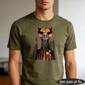 [Local Stock] HBESTY  Horned Forest Spirit Sunset Tree Dark Fantasy Men Summer Cotton T Shirt Mystical Figure Creative Graphic Light Casual Tee