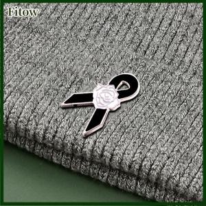 Fitow Metal Ribbon Camellia Funeral Ribbon Pins Memorial Decorative Lapel Pins Gift Lapel Badges Jewelry Accessories