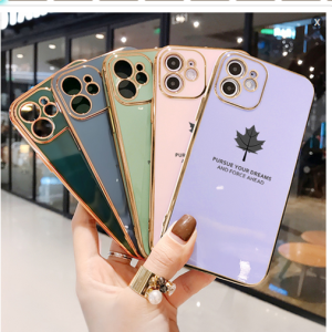 Hontinga Casing Case For Realme C21Y C25Y Case Fashion Maple Leaf Luxury Chrome Plated Soft TPU Square Phone Case Full Cover Camera Protection Rubber Cases Anti Gores For Girls