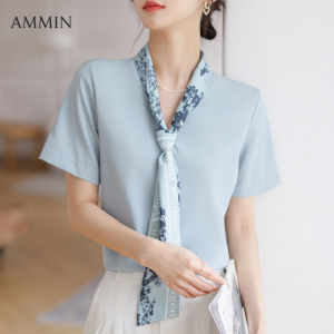 AMMIN Áo Sơ Mi Voan Đi Chơi Tay Ngắn Cổ Chữ V Có Hoa Kiểu Pháp Mới Mùa Hè 2022 Áo Chui Đầu Màu Trơn Đơn Giản Phong Cách Hàn Quốc Cho Nữ Áo Thanh LịCh Áo Phong Cách Instagram Cho Nữ