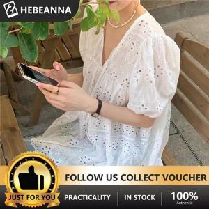 hebeanna เสื้อผู้หญิงแขนพองกลวงออกชุดเดรสสั้นเข้าได้กับทุกชุดเดรสคอวีแฟชั่นทรงหลวมสีพื้นเรียบง่ายระบายอากาศได้ดี