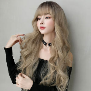Wig Human Hair Washable Long Hair Golden Big Wavy Wig Curly Hair Air Bangs Full Headgear with Bang for Womens Favorite Daily Wear Hairstyle