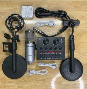 Combo 5 món Bộ mic hát thu âm livestream soundcard V8 và mic Bm900 có dây kèm tai nghe giá đỡ mic và giá đỡ điện thoại