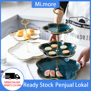 Mi.more Piring Kue Berbentuk Bunga Double/Triple Layer Berbahan Dasar Keramik Warna Puith/Hijau Gold List