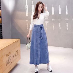 Ammin 2024 mùa xuân mùa hè eo cao ren-up eo kiểm soát giữa Chiều dài váy denim phong cách Hàn Quốc của phụ nữ thời trang giản dị Xếp Nếp thanh lịch Chân Váy Ngắn váy xòe