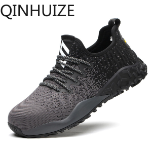 QINHUIZE New work safety shoes mens steel toe cap safety shoes breathable fly woven mesh work shoes protective safety boots