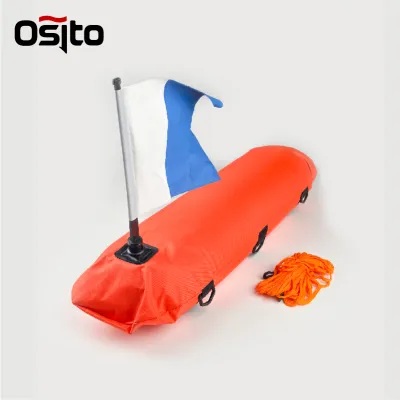 Freediving Spearfishing Torpedo Buoy Inflatable Orange Dive Marker Float with Dive Flag Rope Storage Pocket D-Ring Visible Safety Surface Signal Float for Snorkeling Underwater Hunting