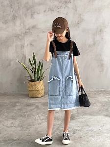Girls Denim Suspender Skirt   Summer Korean Style Childrens Clothing Preppy Style Student Sling Dress T T-shirt Two-Piece Suit for Middle and Big Children