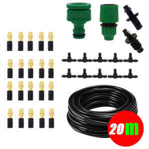 หัวพ่นหมอก หัวพ่นละอองน้ำ หัวทองเหลือง 10-20 หัวสายไมโคร 15-20 เมตร พร้อมวาล์วกันน้ำหยด ต่อก๊อกน้ำทั่วไปและก๊อกสนามได้ Outdoor Misting Cooling System Garden Watering Irrigation 1/4 Brass Atomizer Nozzles Kit Greenhouse Micro Sprinklers