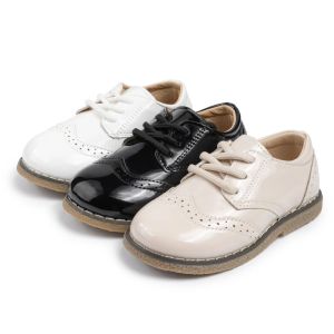 KIDSUN 7CYM Kids PU Leather Lace Up Shoes Childrens Girl Princess Party Shoes Flat Rubber Sole Mirror Surface Dress Shoes