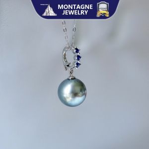 Montagne Jewelry 18k White Gold Pendant For Women 3 pcs Sapphire Inset Fine Jewellery Natural 10mm Seawater pearl Pendant