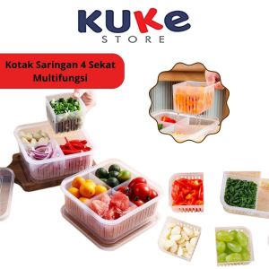 KUKE Kotak Saringan 4 Sekat / Drain Jar Transparan / Wadah Tirisan Buah Cabe Tomat Bawang Serbaguna