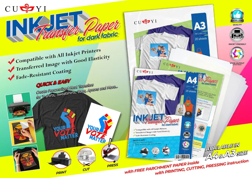 A4 SIZE Cuyi Inkjet Transfer Paper for Dark Fabric (20 sheets
