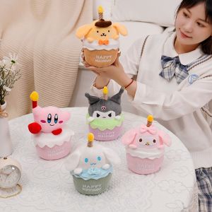 Singing LED Light Cartoon Kirby Sanrio Birthday Cake Plush Toys Kawaii Anime Kuromi My Melody Cinnamoroll Plush Doll Kids Gift