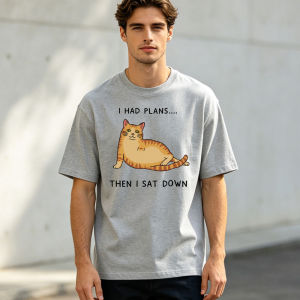 I HAD PLANS THEN I SAT DOWN Summer Men Cotton Crew Neck TShirts Chill Tabby Cat Cartoon Graphic Lazy Theme Outdoor Versatile Top