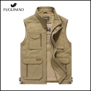 FUGUINIAO Men tactical vest sleeveless denim jacket embroidered mesh fabric