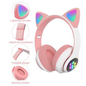 Banchugw 2023 Flash Light Cute Cat Ears Bluetooth Wireless Headphone with Mic Can control LED Kid Girl Stereo Music Helmet Phone Headset Gift