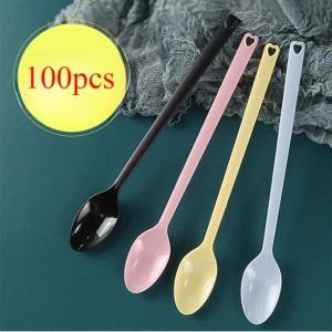 100pcs Disposable Long Spoon Plastics Long Handle 18cm Spoon for Ice Cream Spoon Cake Spoons Family Event Party Supplies