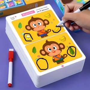 Educational Find the Difference Cards 64PCS - Reusable Logic Training Game with Marker Attention Boosting Activity for Kids 3-6 - Preschool Learning & Travel Toys
