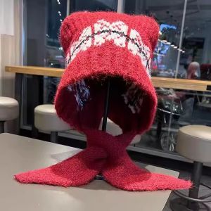 Cute Bear Knitted Scarf Hat for Women Ear Protection Cap Winter Warm Balaclava Headgear Thermal Woolen Neckerchief Girls Hooded Beanies